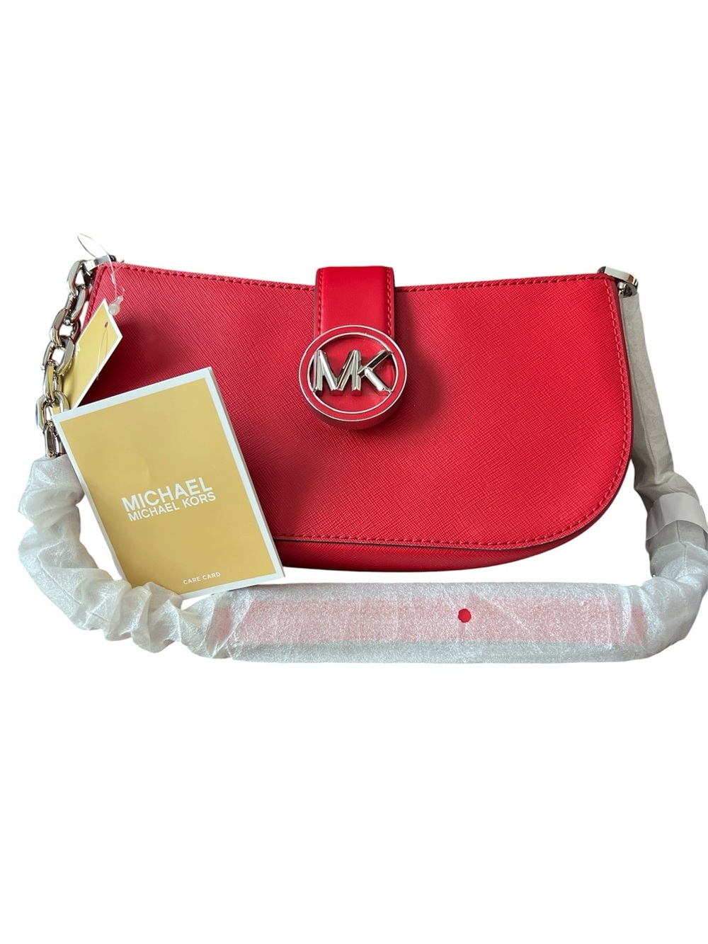 Michael Kors Carmen Small Leather Shoulder Bag with MK Medallion Bright Red